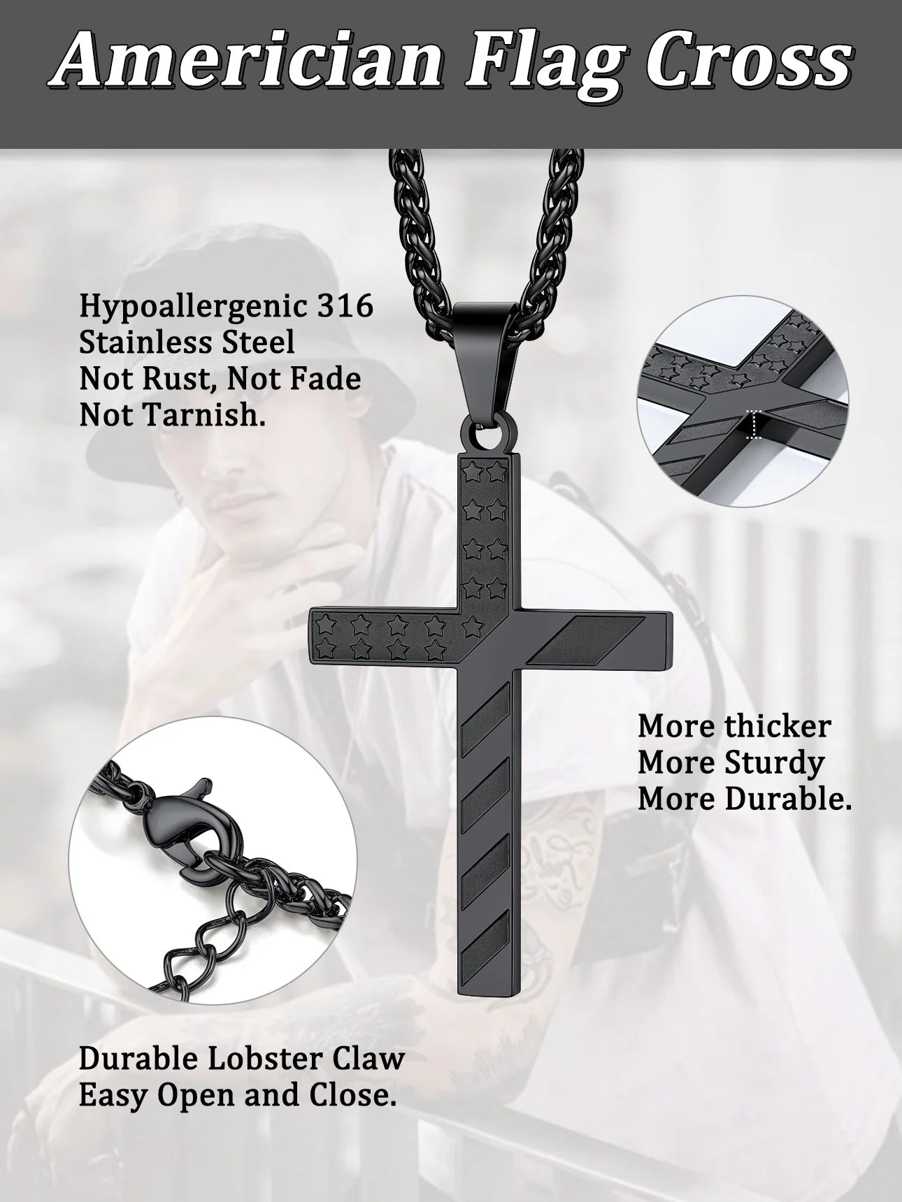 Black American Flag Patriotic Cross Necklace for Women Men Stainless Steel Cross Pendant Necklace Fashion Religious Jewelry Gift