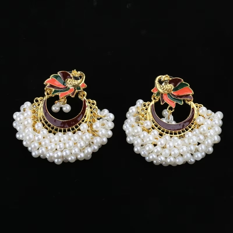 Bollywood Ethnic Bridal Bride Kundan Earrings Peacock Pearls Jhumka Jhumki Indian Bahubali Drop Earrings Fashion Jewelry