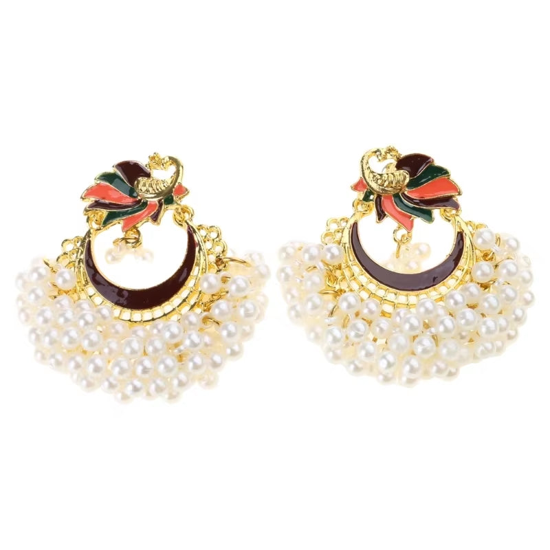 Bollywood Ethnic Bridal Bride Kundan Earrings Peacock Pearls Jhumka Jhumki Indian Bahubali Drop Earrings Fashion Jewelry