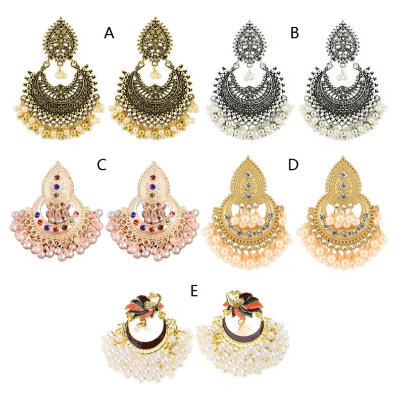 Bollywood Ethnic Bridal Bride Kundan Earrings Peacock Pearls Jhumka Jhumki Indian Bahubali Drop Earrings Fashion Jewelry