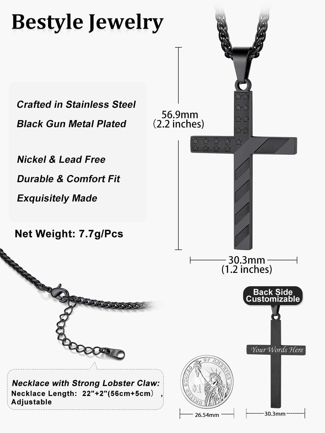 Black American Flag Patriotic Cross Necklace for Women Men Stainless Steel Cross Pendant Necklace Fashion Religious Jewelry Gift