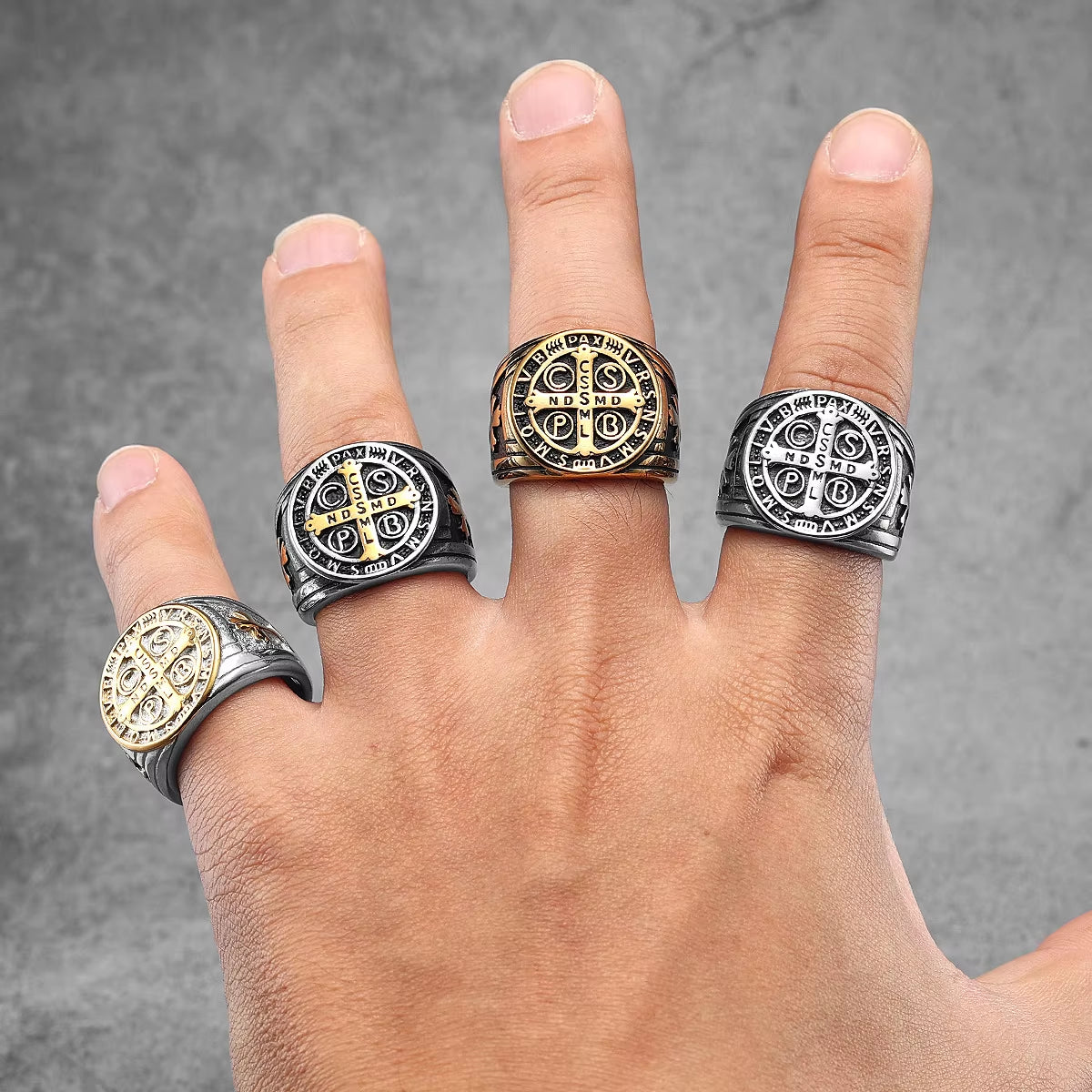 Exorcism Saint Benedict Cspb Cross Men Rings Punk Hip Hop for Boyfriend Male Stainless Steel Jewelry Creativity Gift Wholesale