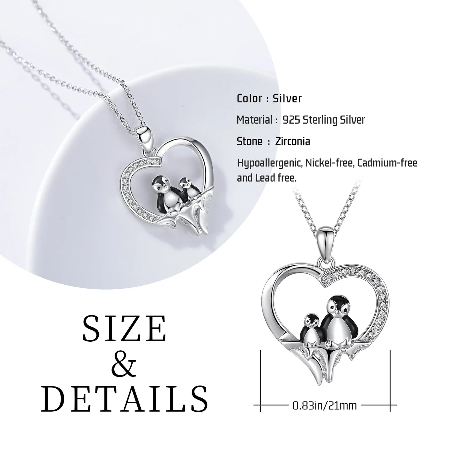 Penguin Necklace for Women Girls 925 Sterling Silver Mama Mom Necklace Heart Penguin Pendant Necklace Cute Animal Necklace Mother Necklace Penguin Jewelry Gifts for Mother'S Day