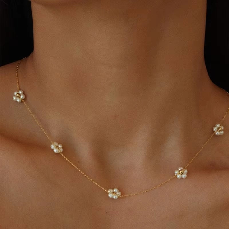 Spring Pearl Flower Necklace Dainty Bohemian Flower Bead Necklace Delicate Choker Summer Gift Sweet Necklace Ornament