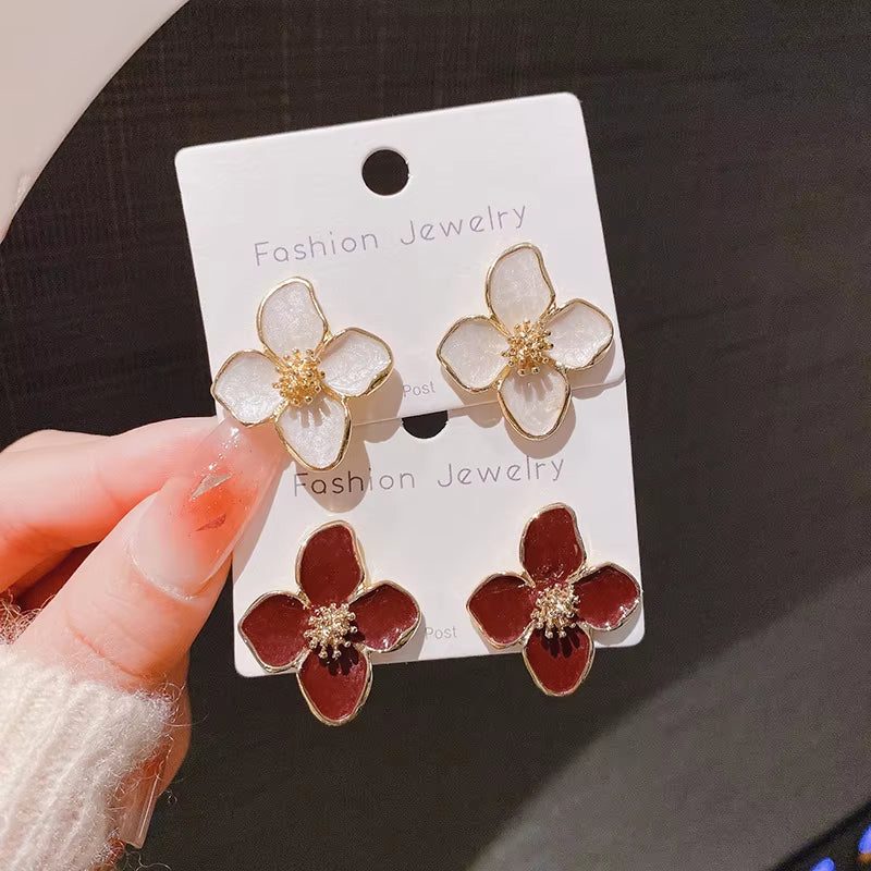 Hibiscus Dropped Glaze Flower Stud Earrings for Women Girl French Ins Vintage 2024 Fashion Korean Wedding Romantic Jewelry Gifts