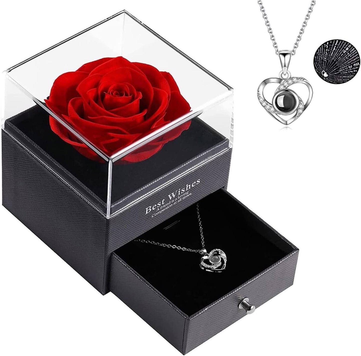 Preserved Rose with 925 Silver I Love You Necklace in 100 Languages, Eternal Flo